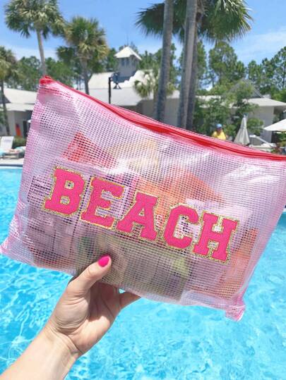 Fashionable Waterproof Letter Embroidered PVC Beach Bag, Includes "Beach, Nurse, Teach, Snack, Plane, Charg" And Other Colorful Letter Prints - A4 Size, Transparent Nylon Zipper Cosmetic Bag, Suitable For Swimming, Diving And Summer Vacation - Lightweight, Suitable For Men, Women And Teenagers, Essential Beach Bag For Travel