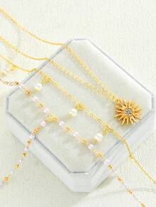 3pcs Fashionable Minimalist Elegant Faux Pearl & Rhinestone Y-Shaped Necklace Set, Suitable For Vacation, Party, Birthday, Daily Wear - Yellow Gold - View 5