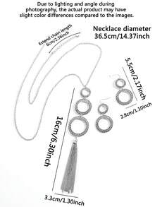 1 Set Women's Elegant Jewelry Set, Chain Tassel Pendant Necklace & Round Link Earrings, Suitable For Daily Wear - Antique Silver - View 2