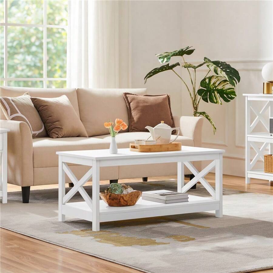 Butterslay 1PC 2-Tier X-Design Coffee Table With Storage Shelf For Living Room - trắng - Xem 1