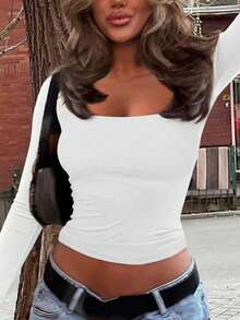 Vaiaye 大码女装春夏性感修身长袖针织上衣，纯色方领T恤，休闲白色 - 白色 - 查看 7