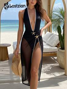 2026春夏性感优雅女士比基尼泳衣，经典黑白花卉饰边，两件式泳装套装，性感镂空V领闪亮海星装饰，搭配休闲性感透视网纱长裙，完美适用于海滩度假、泳池派对、情人节、狂欢节等场合，时尚性感穿搭，关注店铺 - 黑色 - 查看 1