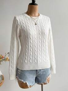 PUMPKIN Women's Autumn/Winter Crew Neck Fitted Cable Knit Sweater - Suitable For Commuting, Casual, Sweet, College Style, Valentine's Day Party And Other Occasions - White - View 3
