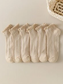 6 Pairs Women's Khaki Short Socks, Cute All Season Versatile Casual Socks, Cable Knit Socks, JK Style Princess Socks, Spring/Summer - Khaki - View 4