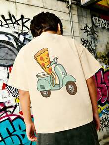 Tween Boy Riding Pizza Cartoon Print T-Shirt, Soft And Comfortable Fabric, Suitable For Boys Outdoor Sports, Casual Wear, Street Style, Campus Style, Fashionable Tween Boys Spring/Summer Casual Versatile Top - Apricot - View 4