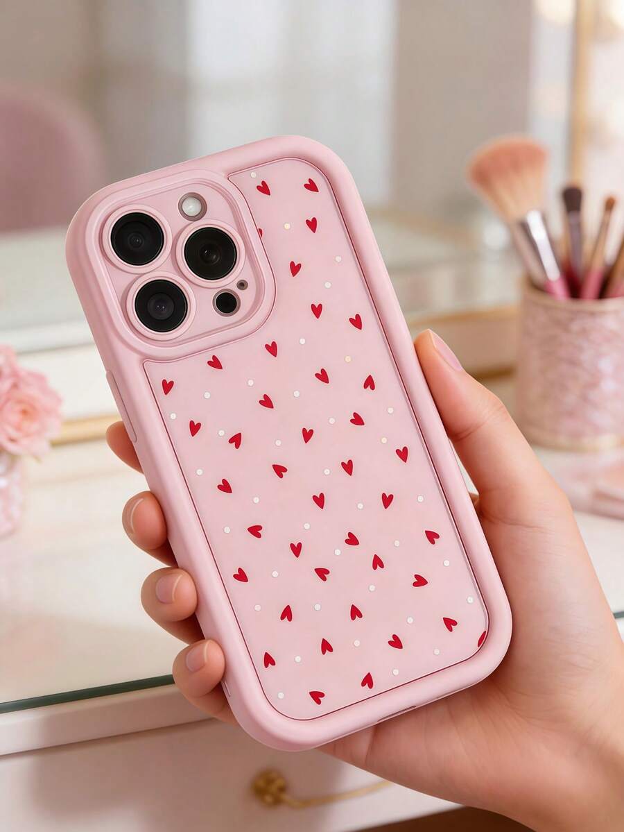 1pc Creative Pink Cute Polka Dot Heart Gradient Perforated Phone Case Compatible With Apple 11/11 Pro Max/12/12 Pro/12 Pro Max/13/13 Pro/13 Pro Max/14/14 Plus/16 Pro Max/17 Pro Max, Galaxy S25 Edge, 14C, Moto G Series, C55 - Pink - View 1