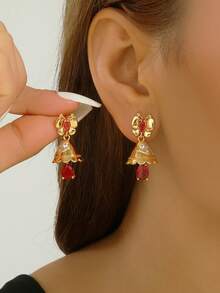 1 Pair Luxurious Jhumka Copper Zirconia Butterfly Earrings, Golden Fashion Creative Bell Teardrop Rhinestone Cute Jhumki Earrings, Suitable For Girls, Women's Daily, Festival, Wedding And Party Wear/Jewelry Gift - Classic - View 3