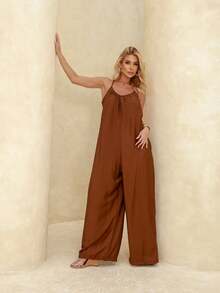 Women's Loose-Fitting Jumpsuit, Wide-Leg  Style, Jogger Style With Thin Straps And A Bow Tie - Comfortable And Elegant - 鏽棕色 - 查看 8