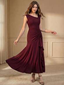 Elegant Asymmetrical Neck Wedding Guest Dress Women For Wedding Semi Formal Dress Prom Dress - Burgundy - View 1