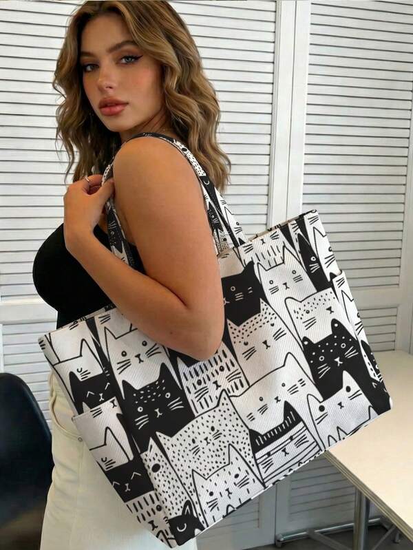 Large Capacity Cat Pattern Canvas Tote Bag, Zipper Closure, Multiple Side Pockets, Shoulder Strap, Suitable For Carrying Laptop, Books, Lightweight, Super Practical, Perfect Gift For Work, Commute, Back To School, Valentine's Day, Mother's Day