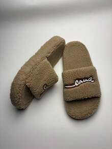 Pantuflas de Peluche con Punta Abierta para Mujer, Nuevas para Otoño e Invierno, Cálidas para Interiores, Suela Suave y Antideslizante, Silenciosas, Ideales para el Hogar, Zapatos para Mujer - Beis - Ver 6