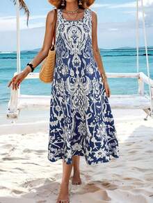 New European And American Summer Bohemian All-Over Print Casual Dress - Blue - View 3