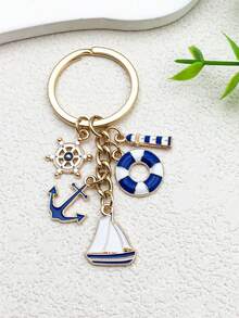 1pc Blue Sailboat Lighthouse Life Buoy Keychain, Nautical Worker Commemorative Key Chain Pendant Gifts For Mother, Father, Graduation, And Teacher - Blue - View 3