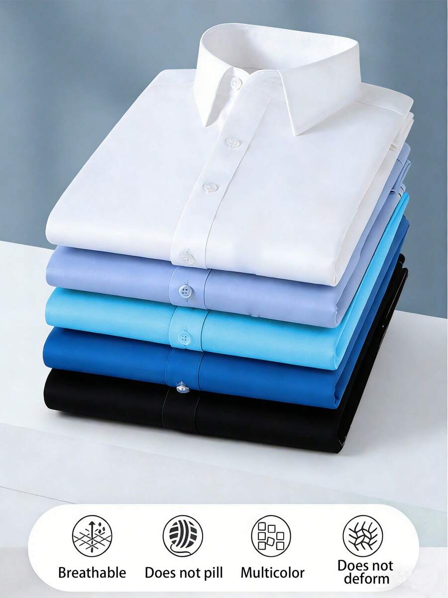 5-Pack Plus Size Men's Business Elegant Solid Color Long Sleeve Shirts - Casual Multi-Function Button-Down Collar Suitable For Outings And Parties - Plus Size Men's Shirts - Formal Plus Size Men's Clothing - Office Wear - Professional Attire - Classic Collar - Fashionable Plus Size Men's Wear - 混合色3 - 查看 1