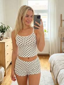 Womens Casual 2 Piece Outfits Sleeveless Dots Print Lace Strap Cami Tops + Shorts Set Loungewear - Blanco - Ver 3