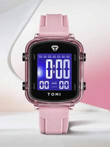 TOMI 1件装极简高科技方形表盘多功能日历手表，运动风格，适合日常佩戴，也是万圣节、圣诞节等节日的理想礼物。 - 粉色 - 查看 5