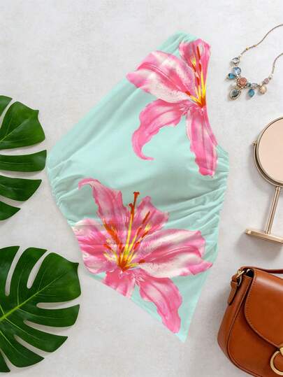 女士印花不对称/荷叶边下摆上衣，适合夏季海滩及日常穿着