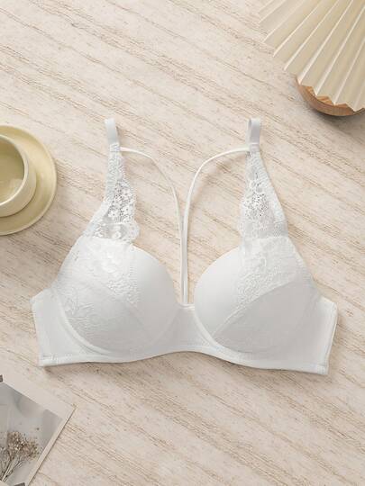 1 pieza Sujetador con aros de encaje y parches de unicolor sexy, diseño de escote profundo en V + diseño cruzado que realza las curvas, tela suave y cómoda, diseño de costados anchos que reduce los bultos laterales, adecuado para todas las estaciones