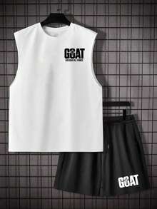 Voidago Bộ đồ nam thường ngày gồm áo tank top cổ tròn in họa tiết và quần short cạp chun có dây rút. - trắng - Xem 2
