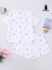 2pcs Set White Base Minimalist Ocean Summer Elements Blue Seahorse Shell Conch Coral Starfish Print Sleepwear Set For Women, Comfortable Short Sleeve Round Neck Pullover Shirt And Elastic Waist Shorts, Stylish For Outdoor, Indoor, All Seasons - 白色 - 查看 6
