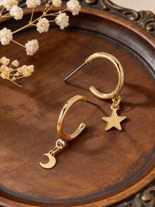 1 Pair Minimalist Elegant Star & Moon Stud Earrings, Suitable For Ramadan And Daily Wear - Yellow Gold - View 2