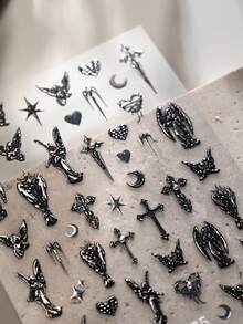 1片哥特风复古银箔心形、星星、月亮、天使翅膀神秘5D美甲贴纸，自粘式美甲装饰，适合女性，适用于特殊场合 - 彩色 - 查看 7