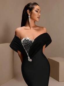 Elegante vestido de noche formal con decoración de strass, hombro regular, bajo de cola de pez, para boda y primavera, color negro - Negro - Ver 5