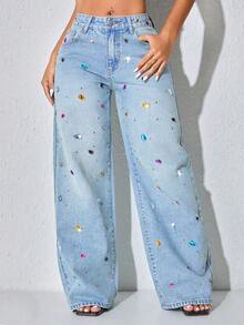 Pearl Decor Low Waist Wide Leg Casual Blue Jeans With Slant Pockets For Women Spring - Blue - View 3