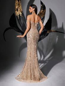 Luxurious Sparkling Solid Color Beaded Sequin High Slit Strapless Gown Dresses - Champagne - View 2
