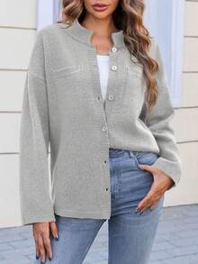 Tankaneo Women's Oversized Collared Button-Down Cardigan – Long Sleeve Soft Knit Sweater Jacket, Petite-Flattering & Curvy-Friendly Fall Layer For Office, Campus, Coffee Run, Travel & Cozy Daily Wear – Knit Cardigan Top (Perfect For Valentine's Day, Thanksgiving & Back To School) - 淺灰色 - 查看 2