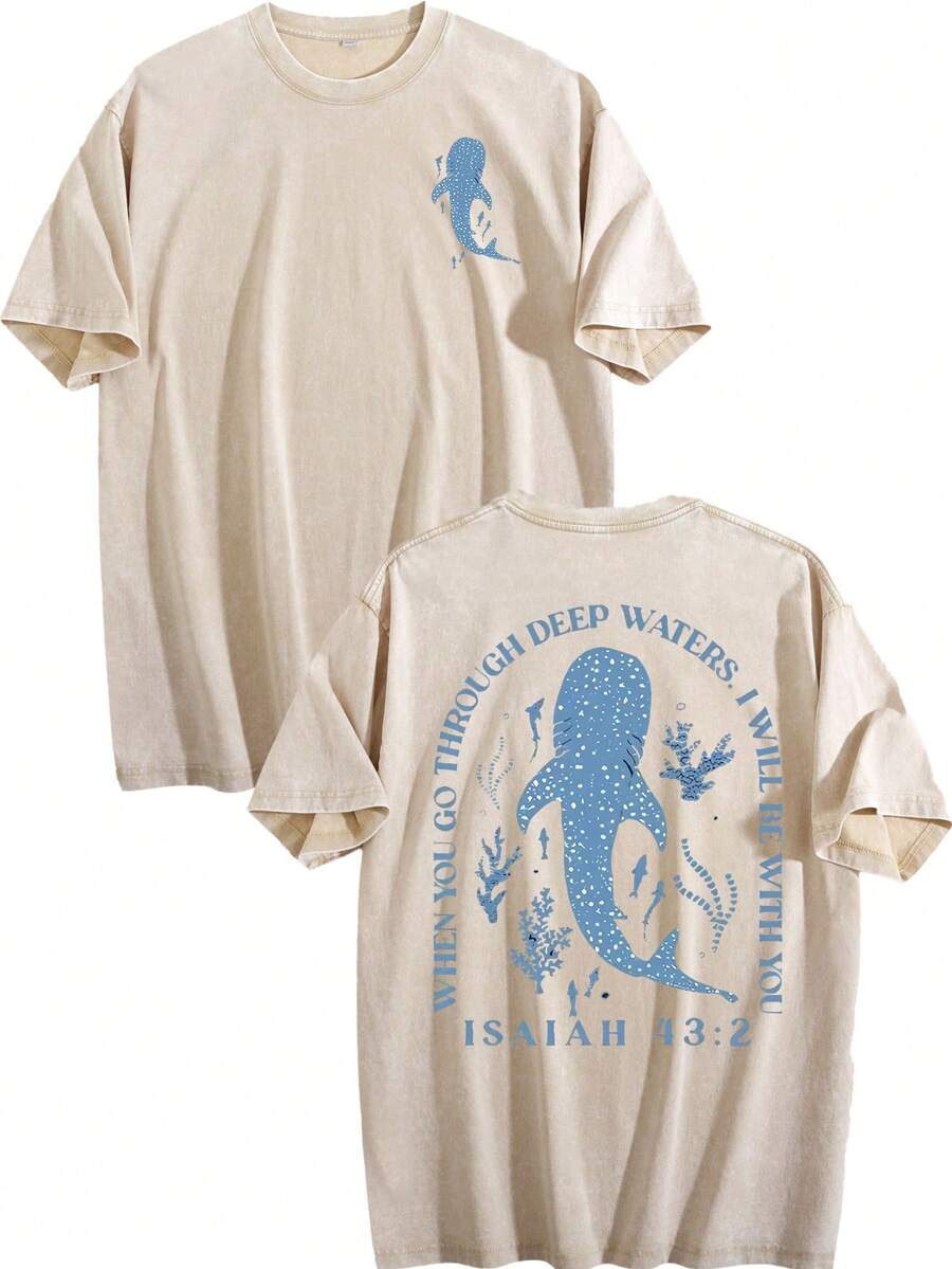 Whale Shark Pattern Retro Washed Cotton Double-Sided Printed T-Shirt Men's T-Shirt Old Summer Clothing Off Shoulder Sleeves Round Neck Top Short Sleeved - 杏色 - 查看 1