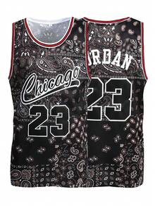 男士黑色篮球球衣 #23，休闲刺绣圆领运动上衣 春季款 - 黑色 - 查看 1