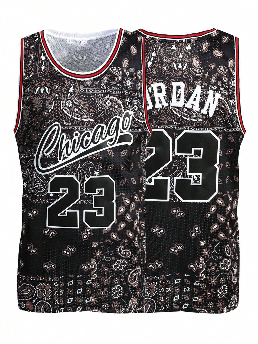 男士黑色篮球球衣 #23，休闲刺绣圆领运动上衣 春季款 - 黑色 - 查看 1