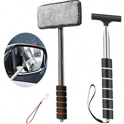 2 Packs Telescoping Glass Cleaner Set With Lanyards - For Car Side/Rear Windows & Home Bathroom, Portable Compact Car Care & Household Tool For Rain & Dirt, Ergonomic Design