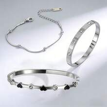 Pulsera de acero inoxidable de lujo con diamante de imitación, conjunto de pulseras de cadena con capas de corazón y rayas - Multicolor - Ver 1