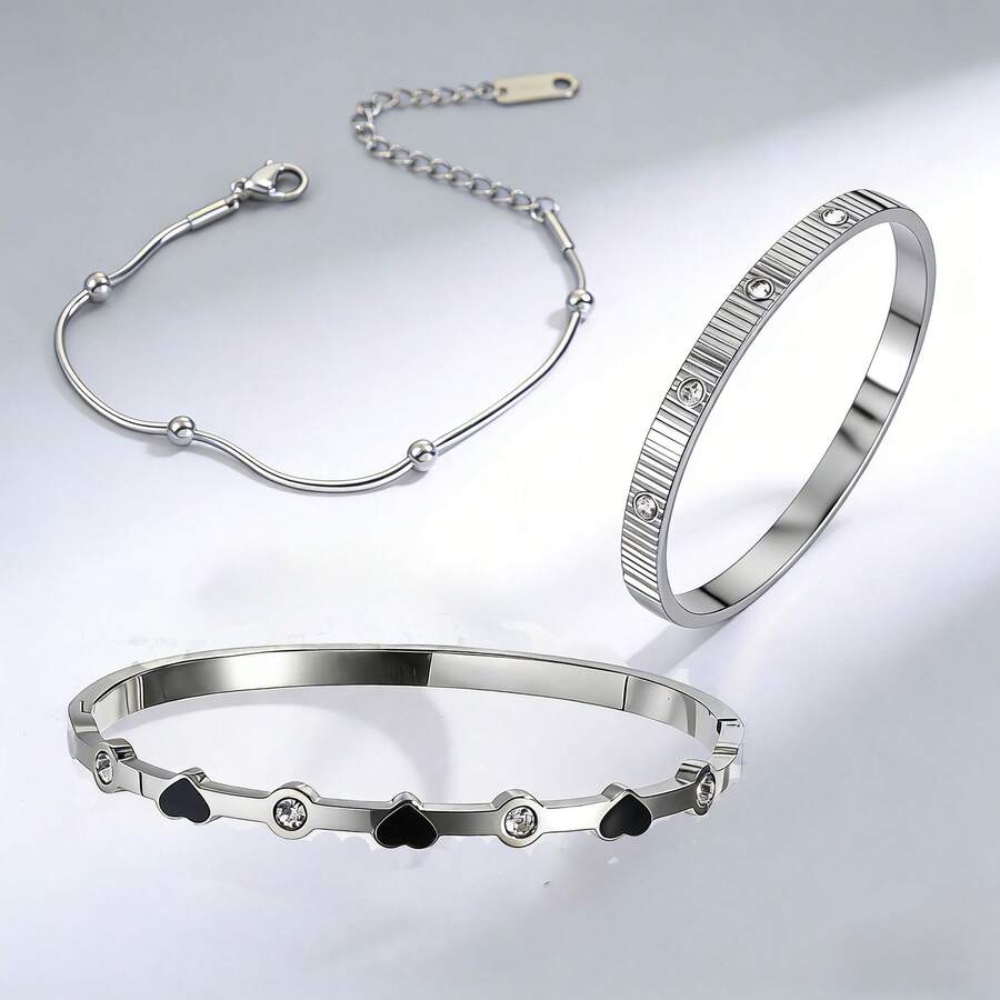 Pulsera de acero inoxidable de lujo con diamante de imitación, conjunto de pulseras de cadena con capas de corazón y rayas - Multicolor - Ver 1