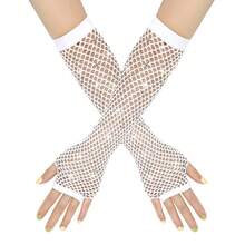 Women's Long Rhinestone Mesh Gloves, Shiny Party Club Accessory - White - View 11