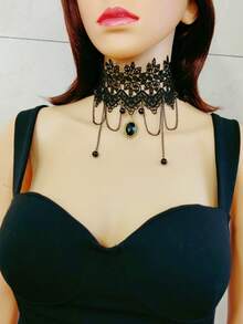 1 pieza Collar gargantilla con colgante de corona negra, collar gótico de encaje - Negro - Ver 2