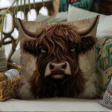 1pc Highland Cow Artistic Throw Pillow Cover - Modern Farmhouse Floral And Brown Design, Made Of Soft Polyester Fabric With Zipper Closure, Machine Washable Decorative Cushion Cover For Sofa, Living Room, Bedroom, Cow Themed Decor - Multicolor - View 10