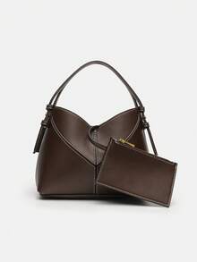 Women Two-Tone Design Mini Canvas Tote Bag, Fashion Shoulder Hand Bucket Bag - Coffee - View 9