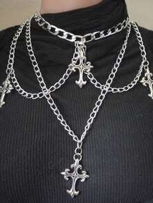 1件哥特朋克风十字架项链，带流苏链，金属银色吊坠项链，百搭配饰，男女皆宜，适合日常佩戴、派对、音乐节、演唱会等场合。 - 銀色 - 查看 6