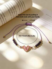 This Multi-Piece Heart-Shaped Bracelet Set Features Handwoven Rope And Heart-Shaped Pendants, Making It The Perfect Choice For A Women's Bracelet Set. It Is Ideal For Gifting On Occasions Like Mother's Day, Father's Day, Valentine's Day, Thanksgiving, Etc. Available In Red, Pink, Blue, Black, Purple, And White Colors. - Love - View 5