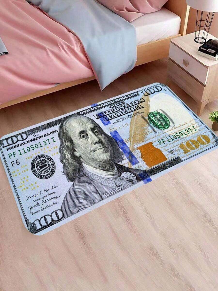 Flannel 1pc Creative 100 Dollar Bill Rug, 100 Dollar Bill Rug With Non-Slip Backing, Bedroom Rug, Runner Rug For Kitchen Hallway Laundry, 100$ Rug, Money Rug, Water Absorption Money Printed Runner ,Room Decor - 彩色 - 查看 1