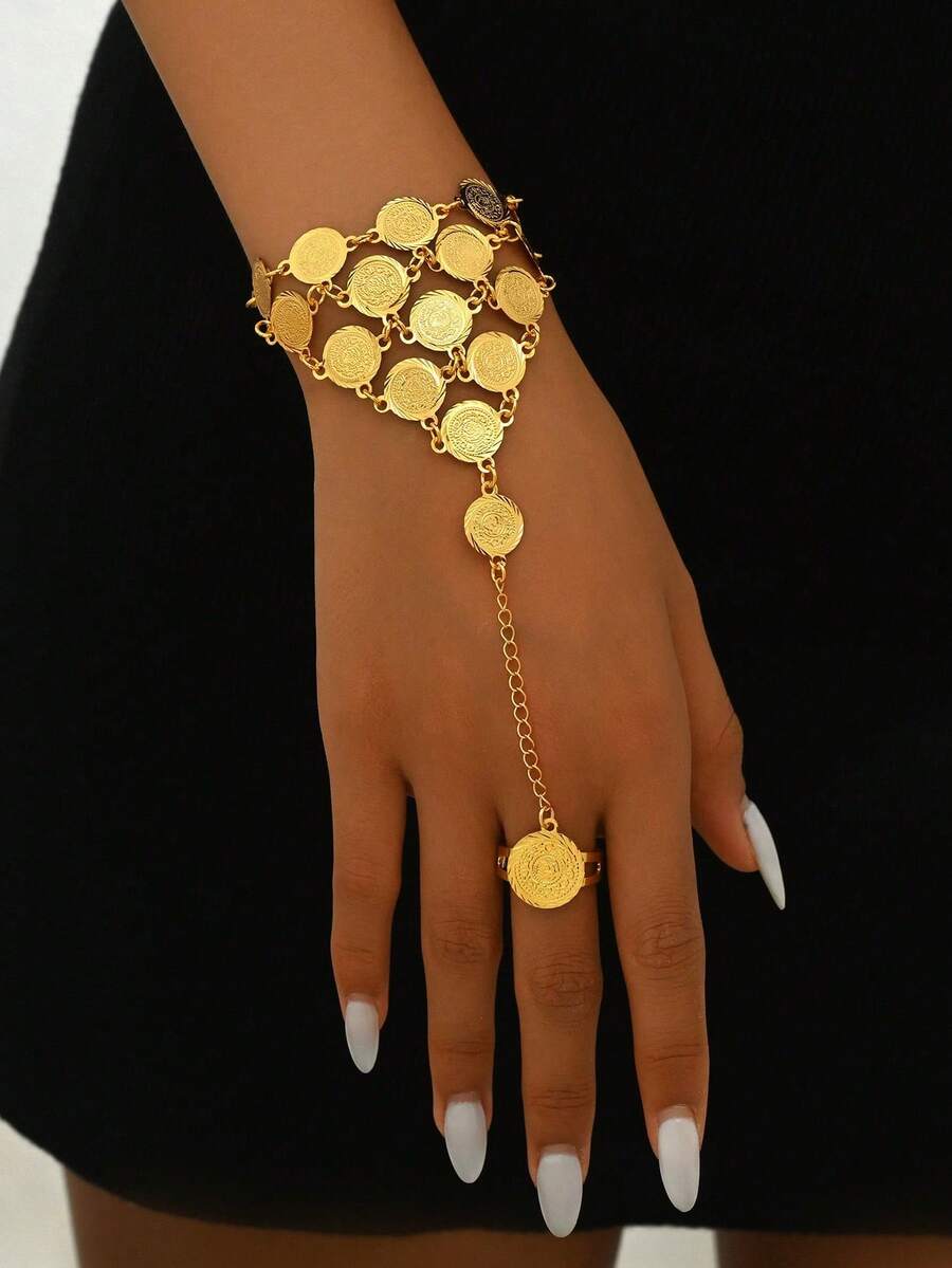1pc Minimalist Coin Disc Linked Ring Bracelet, Suitable For Daily Wear Or Party, Gift Jewelry - Style 6 - View 1