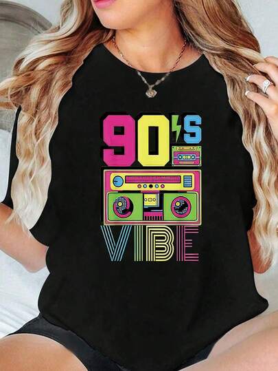 90年代复古录像带印花圆领短袖T恤，复古街头风，宽松舒适，适合春季穿着，大码女装，黑色上衣，女士衬衫，休闲服饰