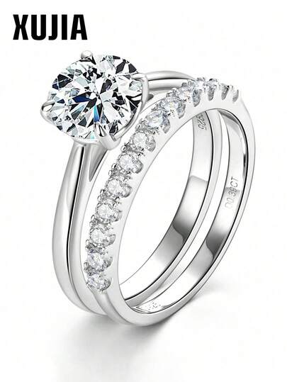 XUJIA 一套925纯银结婚周年纪念圆形切割8毫米和2毫米莫桑石四爪镶嵌新娘戒指套装（女士款）