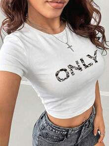 Women's New Arrival ONLY Letter Print Zebra Texture Round Neck Short Sleeve Casual T-Shirt, Spring/Autumn/Summer - White - View 6