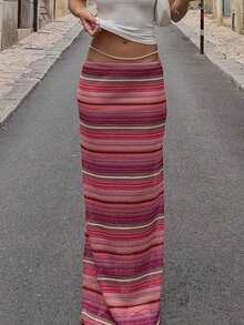 Look Polly Women's Summer Vacation Skirt, Bohemian Style High Waist Knitted Striped Skirt, Suitable For Valentine's Day, Carnival, Holiday Dinner Parties And Other Occasions - Pink - View 5