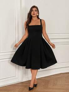 大码女式黑色无袖连衣裙，方领，高弹面料，夏季优雅款 - 黑色 - 查看 3