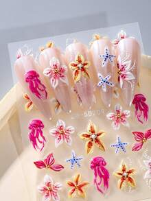 2pcs/Set Summer Ocean Style 5D Embossed Hibiscus Stickers, Shell & Jellyfish Pattern Self-Adhesive Nail Art Decorations, Women Manicure Supplies - Multicolor - View 4